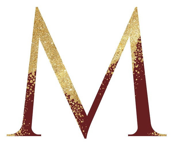 Lettre majuscule M rouge foncé et paillettes dorées avec élément de design festif à effet de dispersion
