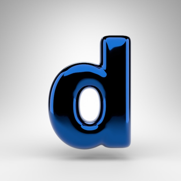 Lettre D minuscule sur fond blanc. Police de rendu 3D chrome bleu avec surface brillante.