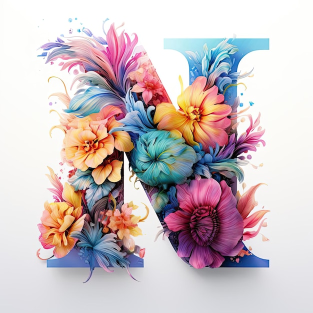 la lettre N est composée de fleurs aquarelles dans le style d'un rendu détaillé de plumes