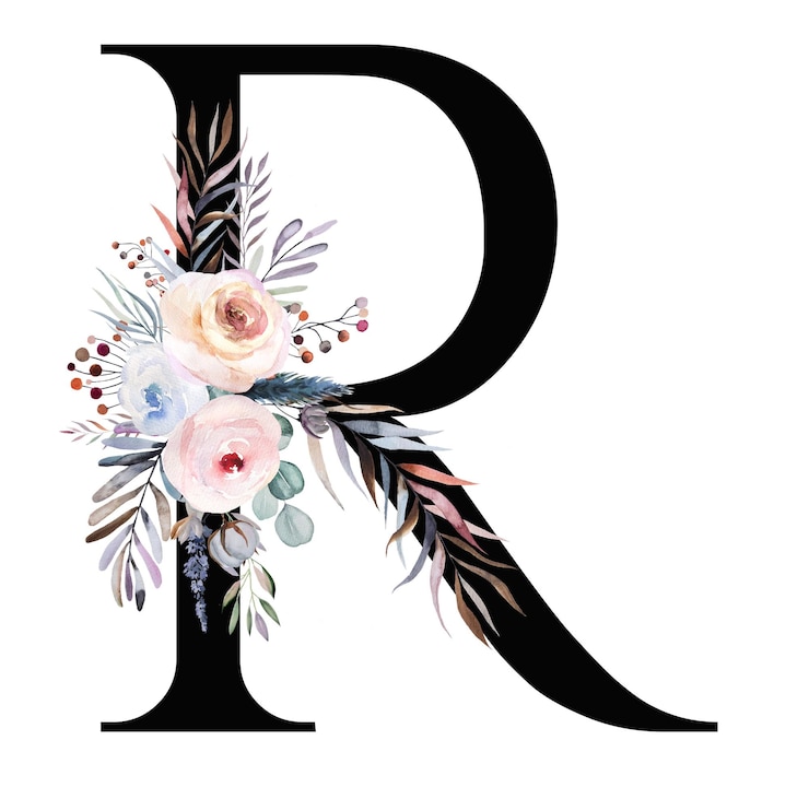 Photo lettre noire r avec bouquet d'hiver aquarelle pastel isolé sur blanc lettre boho d'hiver avec des feuilles de baies et de fleurs en bleu lavande et rose alphabet éléments floraux pour la conception de mariage