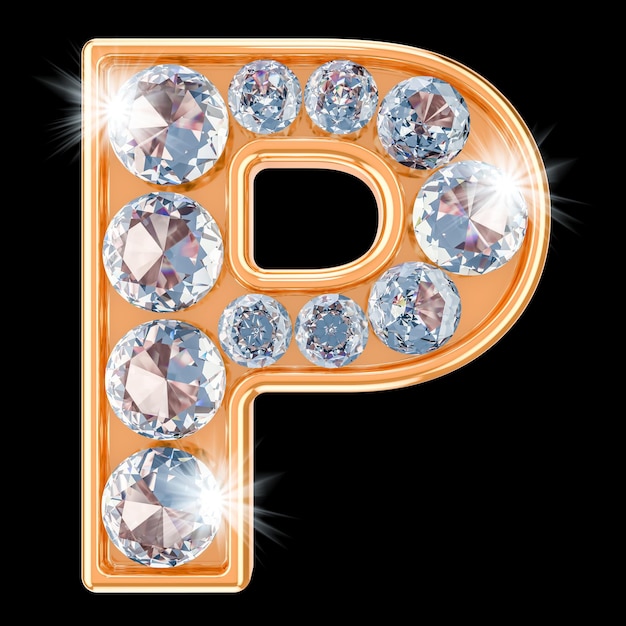 Lettre d'or P avec rendu 3D de diamants