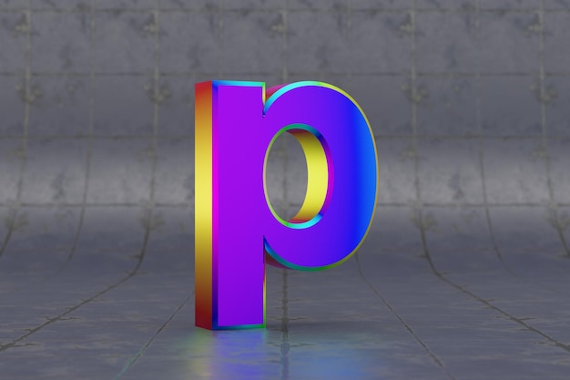 Lettre P 3d multicolore en minuscule. Lettre irisée brillante sur fond de carreaux. Alphabet métallique avec des reflets lumineux de studio. Caractère de police rendu 3D.