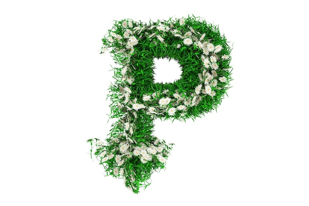 Lettre P d'herbe verte et de fleurs. Rendu 3D.