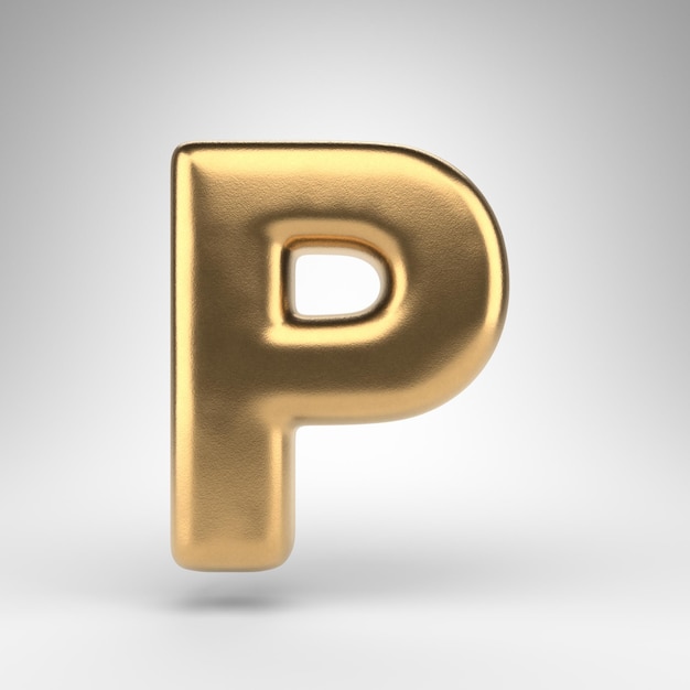 Lettre P majuscule sur fond blanc. Police de rendu 3D doré avec texture en métal brillant.
