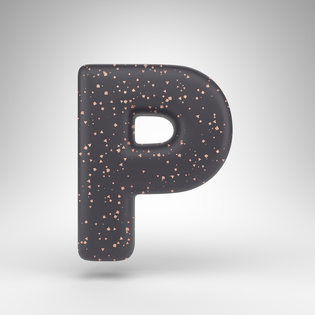 Lettre P majuscule sur fond blanc. Police de rendu 3D noir mat avec texture de points de cuivre.