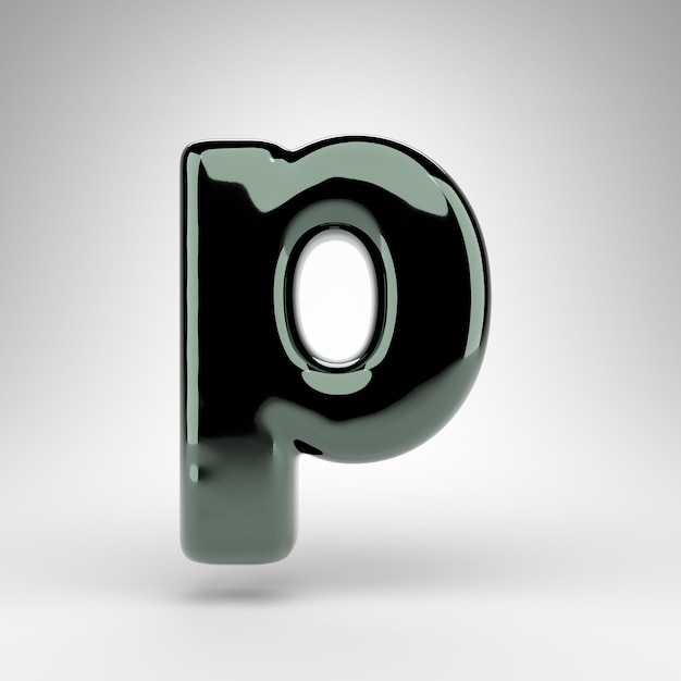 Lettre P minuscule sur fond blanc. Police de rendu 3D chrome vert avec surface brillante.