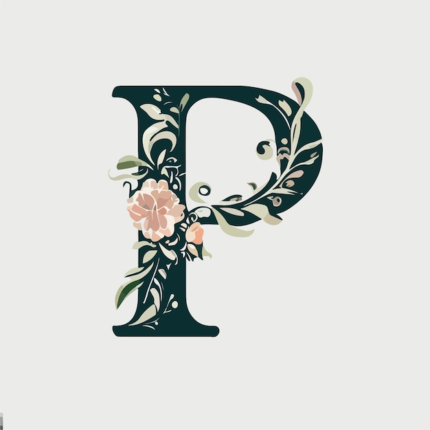 une lettre p peinte en vert et avec une fleur rose.