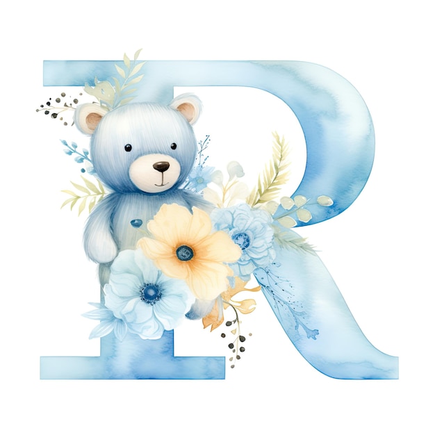 une lettre p qui est peinte en bleu et a des fleurs et un ours avec une fleur