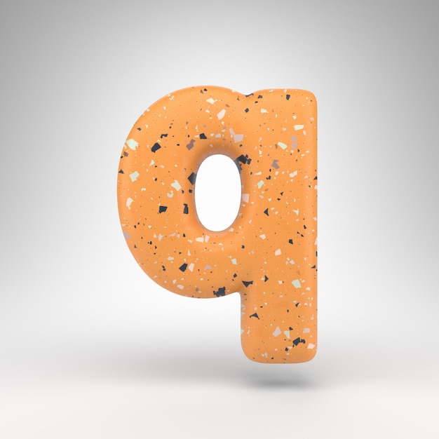 Lettre Q minuscule sur fond blanc. Police de rendu 3D avec texture de motif terrazzo orange.