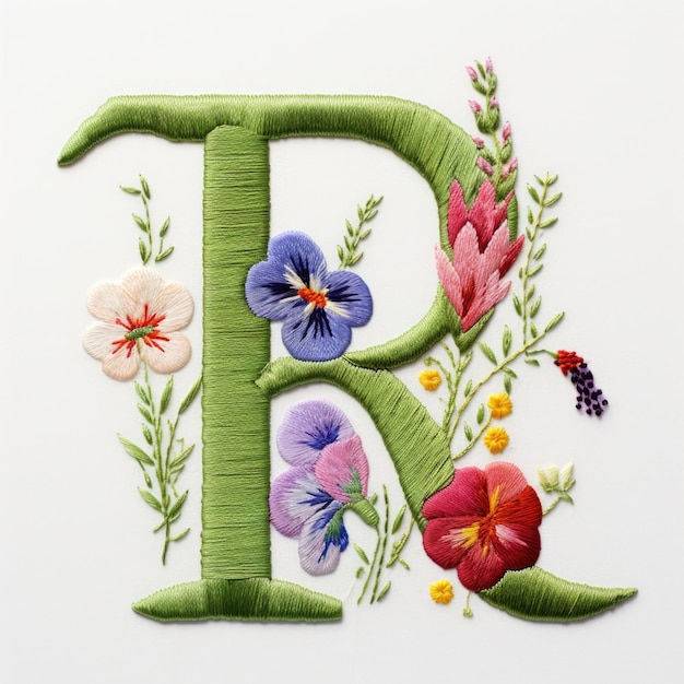 La lettre r est décorée de fleurs et de feuilles effet broderie motif floral