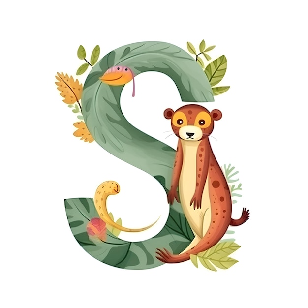 Lettre S de l'alphabet avec de mignons animaux de dessins animés et des feuilles Illustration vectorielle