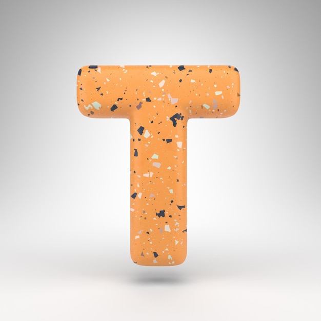 Lettre T majuscule sur fond blanc. Police de rendu 3D avec texture de motif terrazzo orange.