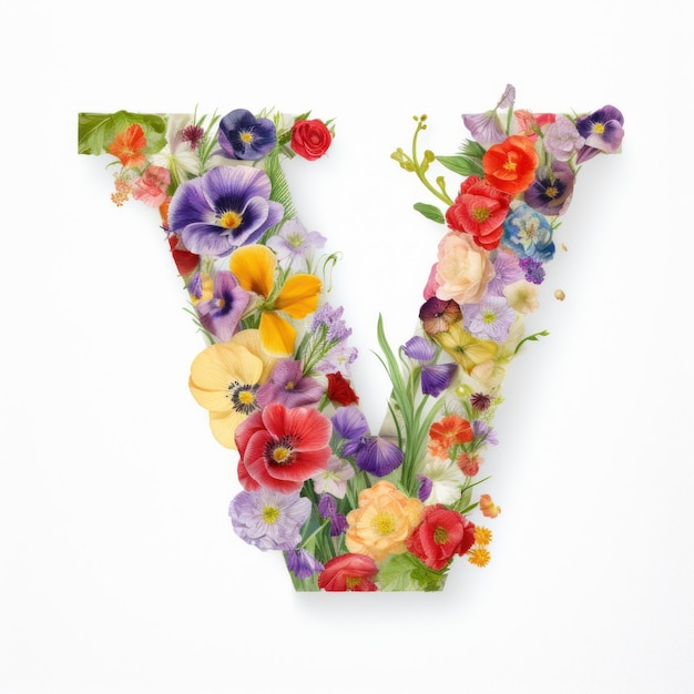 Lettre V de l'alphabet anglais faite de fleurs de printemps isolées sur blanc