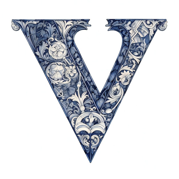 Une lettre v bleue et blanche avec des motifs floraux