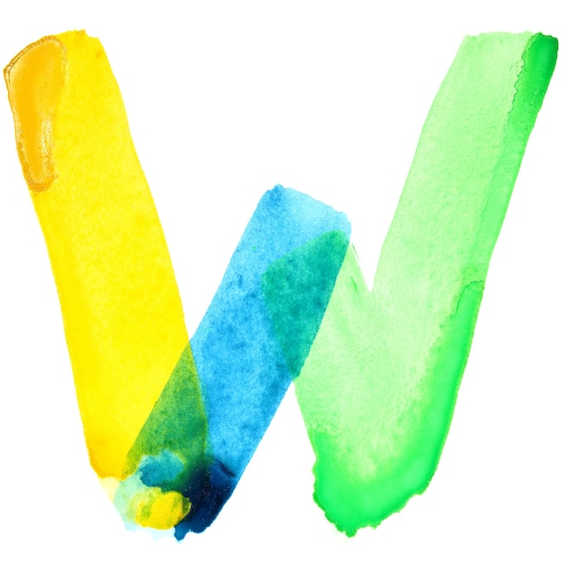 Lettre W - Alphabet aquarelle vif. Les couleurs ressemblent au drapeau du Brésil