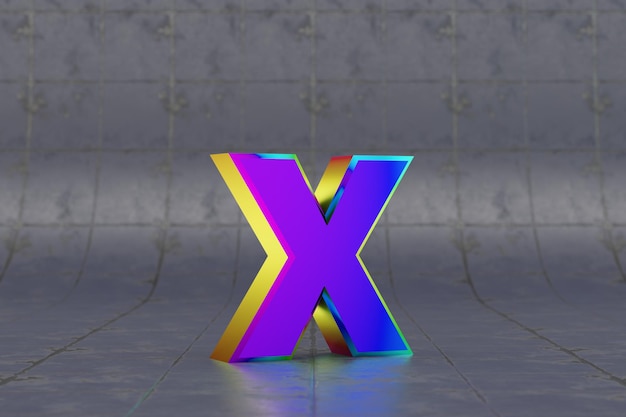 Lettre X 3d multicolore en minuscule. Lettre irisée brillante sur fond de carreaux. Alphabet métallique avec des reflets lumineux de studio. Caractère de police rendu 3D.