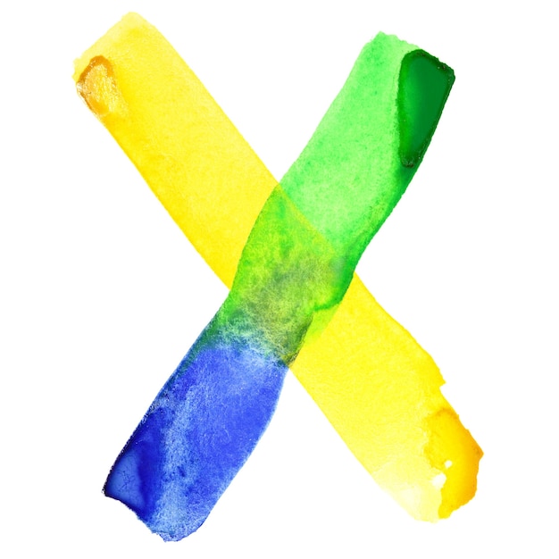 Lettre X - Alphabet aquarelle vif. Les couleurs ressemblent au drapeau du Brésil