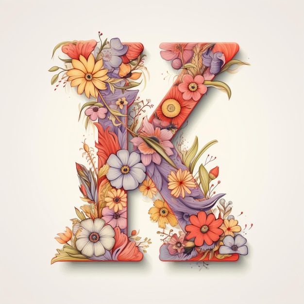 La lettre X en majuscules est dessinée avec des fleurs colorées, une image de fond blanche et de l'art généré par Ai.
