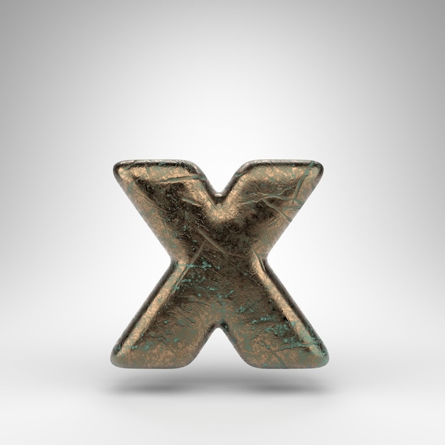 Lettre X minuscule sur fond blanc. Police de rendu 3D en bronze avec texture rayée oxydée.