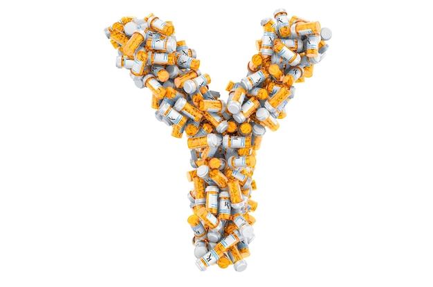 Lettre Y de bouteilles médicales avec rendu 3D de médicaments