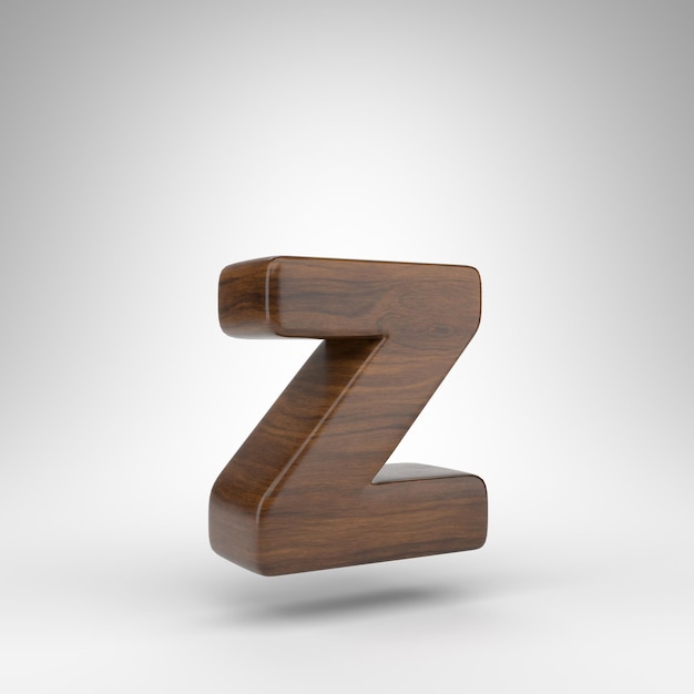Lettre Z minuscule sur fond blanc. Police de rendu 3D en chêne foncé avec texture bois marron.