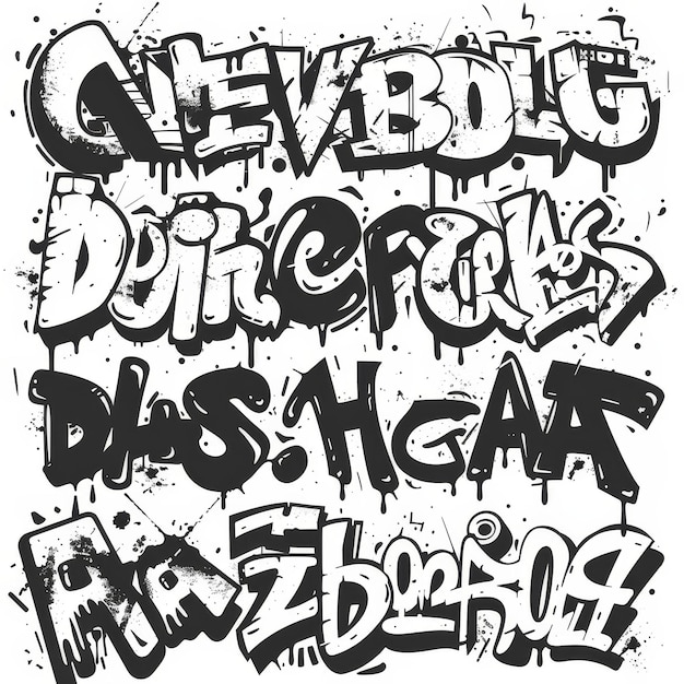 Photo les lettres et l'alphabet de la typographie urbaine avec marqueur d'éclaboussure sont un ensemble moderne de caractères de la culture hip-hop écrits à la main en anglais abc