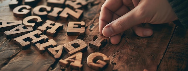 Photo les lettres en bois sont disposées à la main sur la table