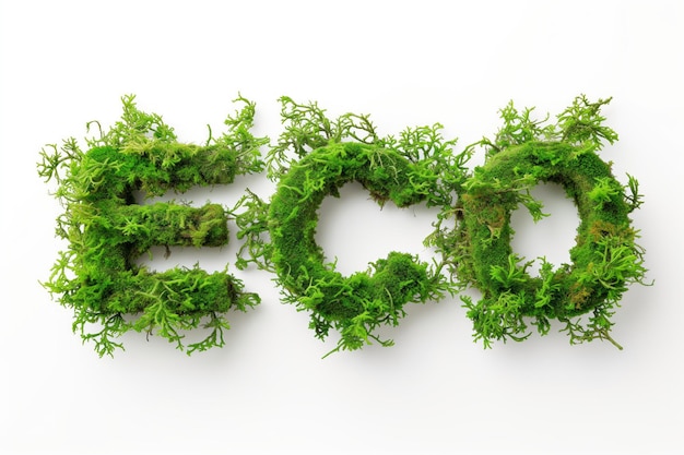 Lettres ECO faites d'herbe verte et de mousse isolée sur fond blanc