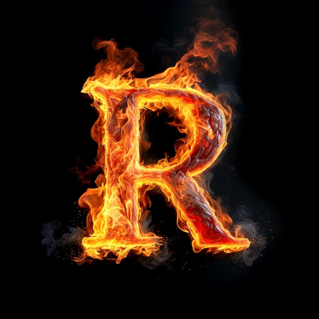 Lettres majuscules R constituées d'une flamme Lettres brûlantes R Lettres de flammes de feu Alphabet sur fond noir