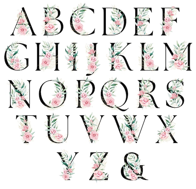 Lettres noires avec des feuilles et des brindilles d'aquarelle vertes et dorées illustration isolée Alphabet