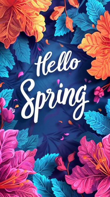 Lettres de la saison du printemps avec des plantes, des feuilles et des fleurs colorées Bonjour printemps, concept du 1er mars