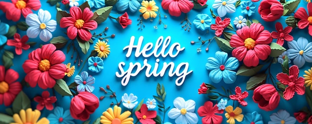 Lettres de la saison du printemps avec des plantes, des feuilles et des fleurs colorées Bonjour printemps, concept du 1er mars