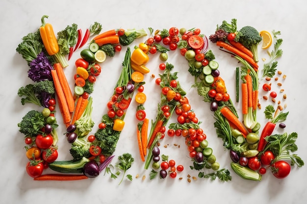 des lettres végétaliennes faites de légumes sur fond blanc