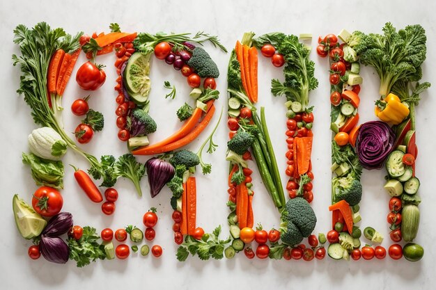 des lettres végétaliennes faites de légumes sur fond blanc