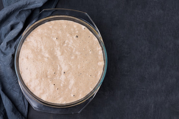 Levain fait maison pour faire du pain de seigle avec du levain de farine, sur fond noir.