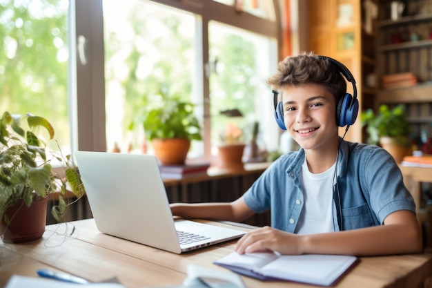 Élève adolescent latin heureux apprenant en ligne à la maison sur PC écrivant des notes garçon adolescent souriant utilisant un ordinateur portable regardant un webinar apprentissage hybride anglais en ligne classe virtuelle assis à la table à la maison