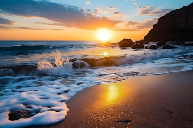 Le lever et le coucher du soleil, la côte ensoleillée, le paysage côtier, la vague de la plage en plein air.