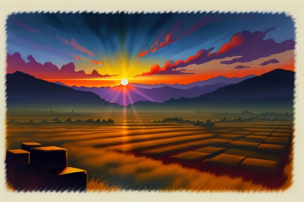 Photo le lever et le coucher du soleil, le crépuscule, la lumière du soleil orange dans les champs forestiers, le paysage, le papier peint en arrière-plan.