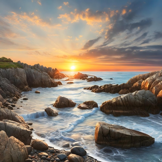 Le lever et le coucher du soleil sur le paysage de la côte de pierre