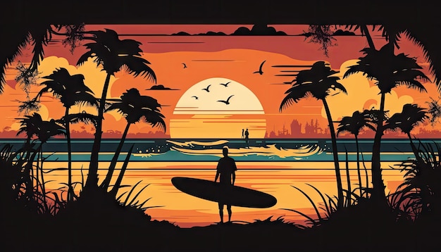 Le lever et le coucher du soleil sur une plage ensoleillée Mansurfer en mer paysage ensoleillé ai généré illustration Planche de surf sur la plage tropicale de sable sur la baie et la ville au soleil paysage des Caraïbes