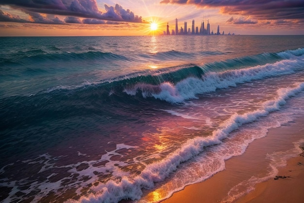 Le lever et le coucher du soleil de la ville au bord de la mer Le soleil brille sur les vagues pour former un magnifique tableau