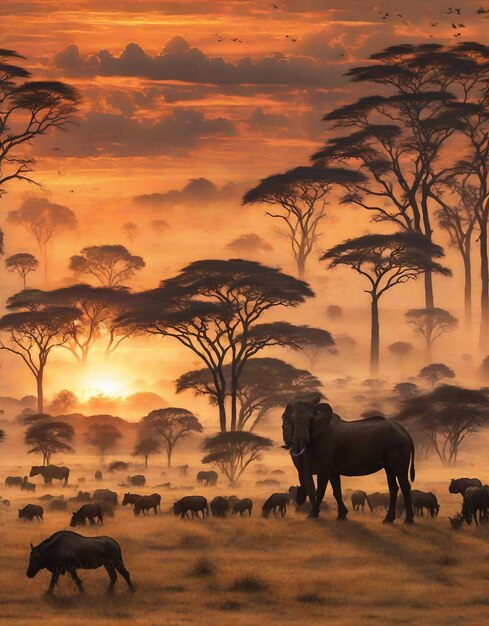 le lever du soleil en afrique avec des animaux à l'arrière-plan