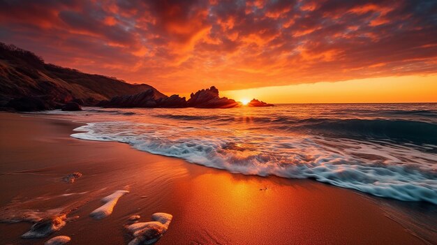 Photo le lever du soleil ardent sur une plage