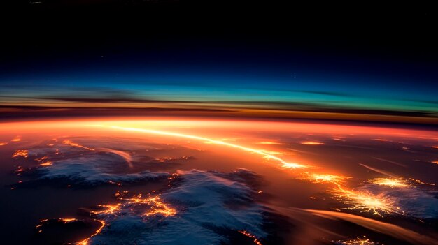 Lever du soleil au-dessus de la courbure de la terre vue de l'espace, y compris les aurores polaires AI générative