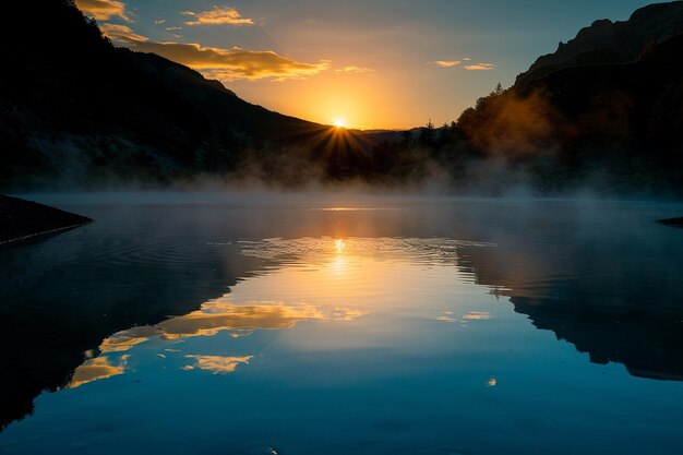 Le lever du soleil au-dessus d'une piscine sereine avec la brume qui se lève
