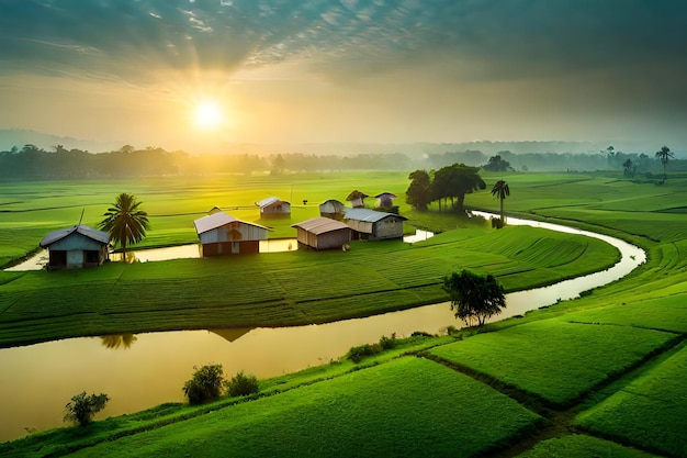 le lever du soleil sur un champ de riz avec des maisons et des arbres