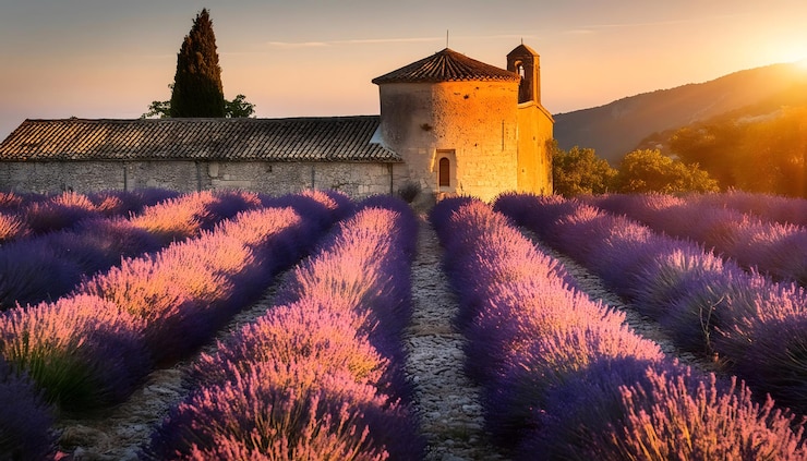 Photo le lever du soleil sur les champs de lavande en provence