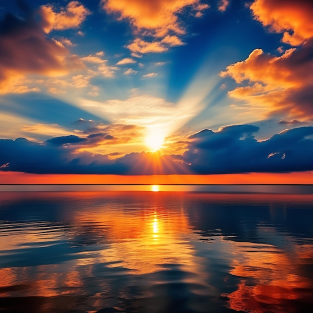 Le lever du soleil avec un ciel bleu spectaculaire et des rayons orange brisant les nuages