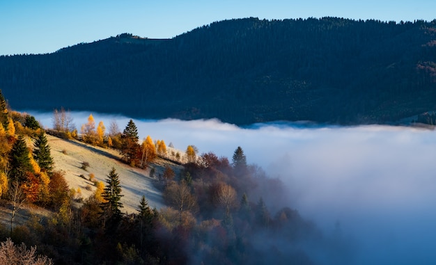 Lever du soleil sur les collines couvertes de brume grise