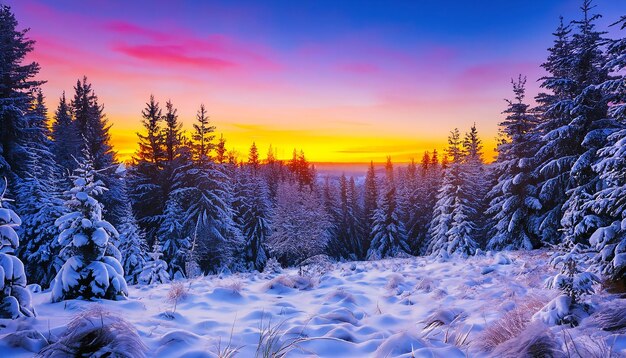 Le lever du soleil coloré de l'hiver dans la forêt de montagne La première neige en décembre